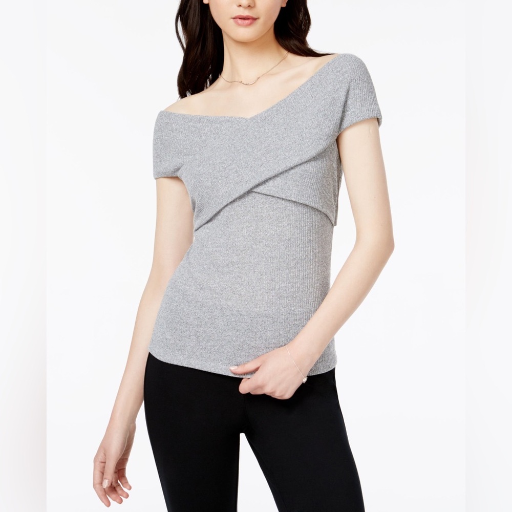 NWOT Bar III Off-The-Shoulder Crisscross Knit Heather grey Top